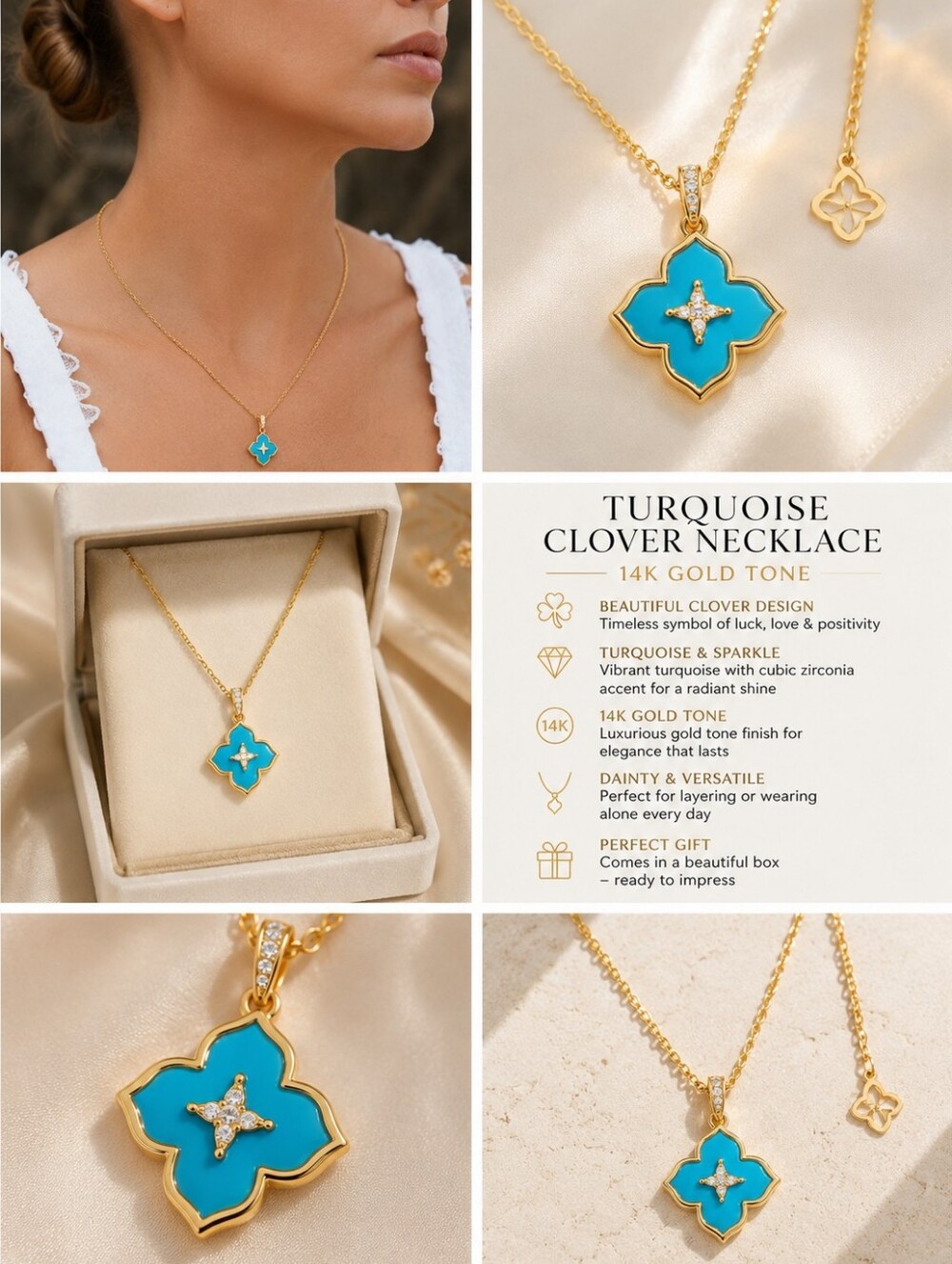 Turquoise Clover Necklace 14K Gold Tone Pendant Necklace – New in Box